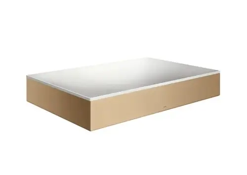 Waschbeckenaufbau mit einem rechteckigen, flachen Design in Brushed Bronze von AXOR, ohne Hahnloch und Überlauf. Edle Oberfläche für Badezimmeranwendungen.